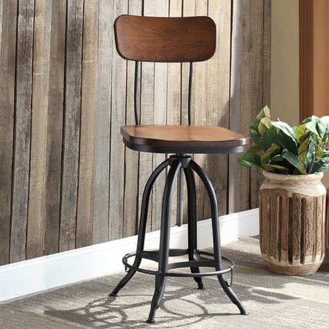 Features:  -Hand forged textured black finish.  -Low-rise curved back.  -Powder coated finish.  -Wood seat is made of solid select hardwood.  Distressed: -Yes.  Frame Material: -Metal.  Frame Finish: Designer Bar Stools, Metal Stool, Adjustable Stool, Swivel Bar Stool, Stools With Backs, Adjustable Bar Stools, Stool Design, Kitchen Stools, Kitchen Bar Stools