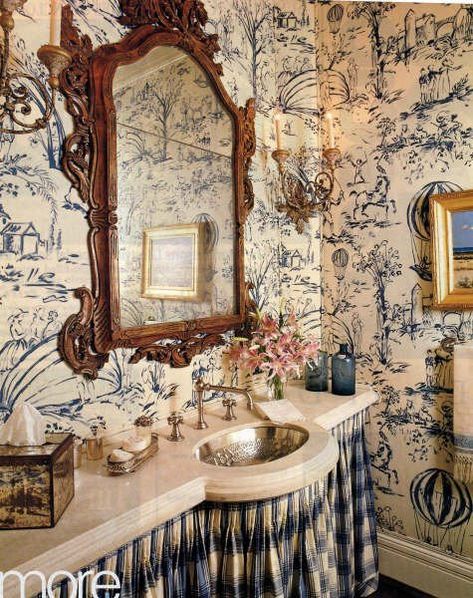 Bathroom With Wallpaper, French Bathroom, French Country Bathroom, Toile Wallpaper, French Country Design, With Wallpaper, Blue Toile, Country Bathroom, Shabby Chic Bathroom