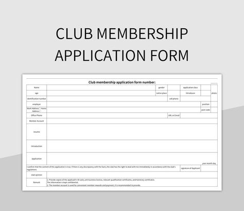 Club membership application form Membership Form, Registration Form, Form Template, Spreadsheet Template, Application Form, Excel Templates, Template Google, Google Sheets, Microsoft Excel