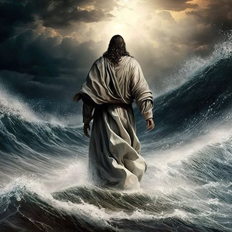 Jesus Walking On Water Tattoo, 3 Am Prayer, Jesus Gif, Jesus Walking On Water, Jesus Walking, Man Back, Biblical Artwork, Walking On Water, Jesus Drawings