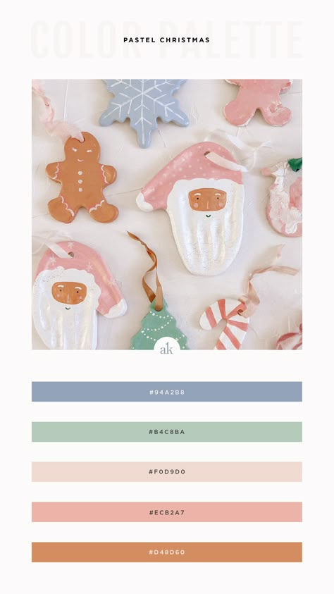 Soft, Pastel Christmas Color Palette // French Blue, Seafoam Green, Blush, Ginger // akulakreative.com Purple Christmas Color Palette, Christmas Colour Schemes Inspiration, Pastel Christmas Crafts, Christmas Color Palette Pink, Colorful Christmas Palette, Colorful Christmas Color Palette, Christmas 2024 Color Palette, Soft Christmas Color Palette, Holiday Colour Palette