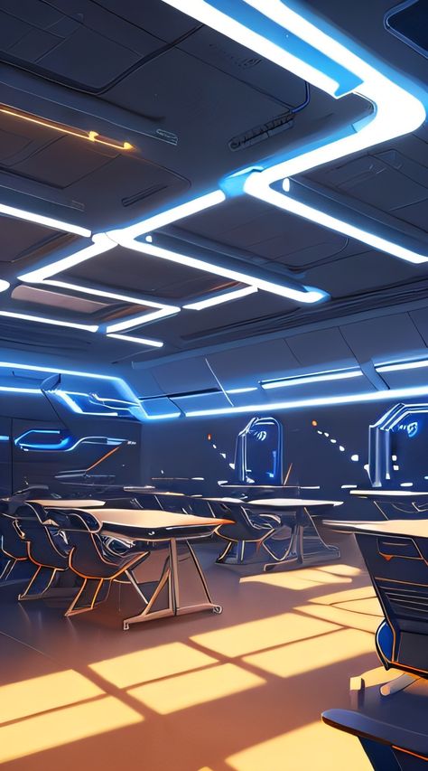 Sci Fi Classroom, Scifi Library, Sci Fi School, Ceo Cabin, Futuristic Classroom, Aphrodisiac Art, Kindergarten Classroom Design, Futuristic School, Sci Fi Room