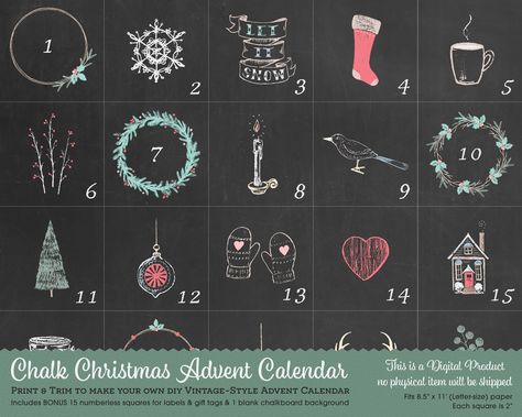 New in the ClipartbyArtnerDluxe #etsy shop: Chalk Christmas DIY Advent Calendar, Hygge Christmas, Farmouse Printable, Cottage Decor, Gift Tags, Kids Advent Calendar, Vintage JPG https://etsy.me/31aknUr #chalkart #kids #christmasprintable #hyggeprintable #walldecor January Chalk Calendar, December Chalkboard Calendar, Chalk Calendar Ideas, Christmas Diy Advent Calendar, Kids Advent, Calendar Vintage, Farmhouse Printable, Make Your Own Labels, Chalkboard Calendar