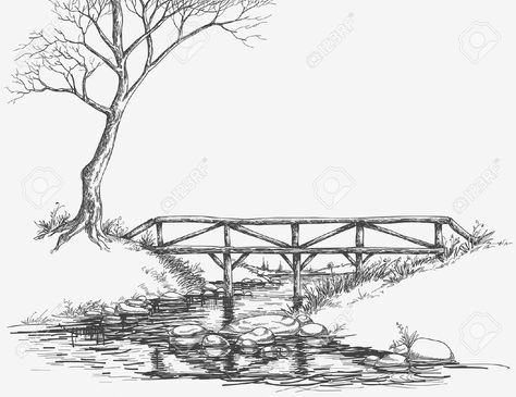 River Line Art, Landscape Transect, River Drawing Easy, Journaling Themes, River Sketch, River Illustration, Grunge Drawing, Bridge Over Water, River Drawing