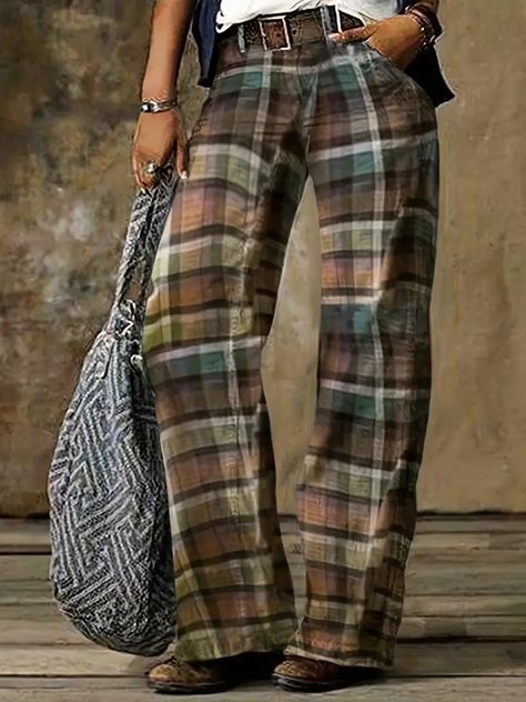 Plus Size Retro Pants Women's Plus Gingham Print Button Fly - Temu Celana Fashion, Mode Hippie, Work Pants Women, Slacks For Women, Mode Boho, Boot Cut Denim, Vintage Plaid, Plaid Pants, Casual Trousers