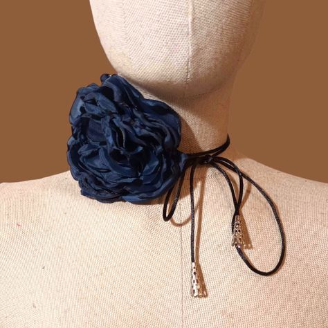 Amanita Nightshade, Choker Necklace Handmade, Rose Choker, Dark Blue Flowers, Blue Choker, Navy Blue Flowers, Blue Rose, Large Flowers, Necklace Handmade