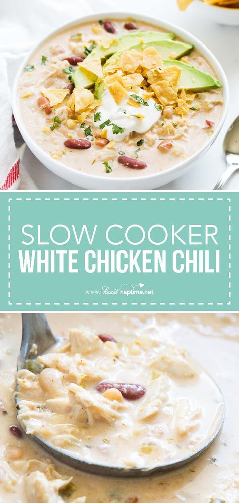 Unique Chili Recipes, White Chicken Chili Healthy, White Chicken Chili Slow Cooker, White Chicken Chili Recipe, Chicken Chili Crockpot, Crockpot White Chicken Chili, Creamy White Chicken Chili, White Chili Chicken Recipe, I Heart Naptime