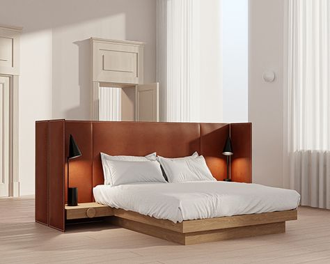 The Isola bed captures various moments of a day in a high-end craftwork, revealing a new typology of furniture that can be seen as a piece of architecture. As privacy is essential when comes the night, Isola is composed of a two sided leather headboard that plays a central part in the space layout. One side is dedicated to the bed, the other is open to the user’s choice : occasional desk, vanity table, dressing area, ... #design #bed #cuir #furniture #espritdesign Central Bed Bedroom, Dressing Area Design, Bed Partition, Bed Island, Bed In Middle Of Room, Feminine Furniture, Hotel Headboard, Train Concept, Island Bed