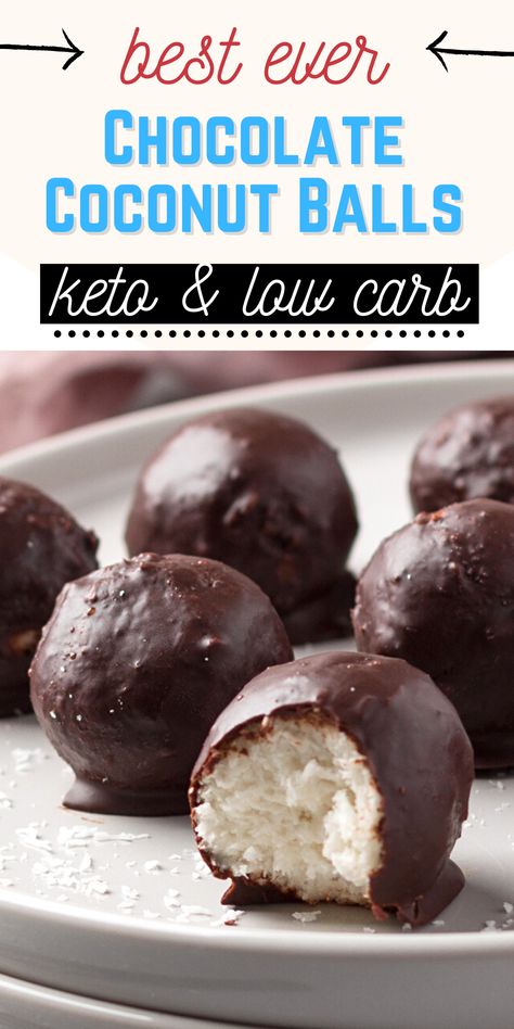 Yummy and easy candy recipe for chocolate covered coconut balls. Perfect for snacking on, desserts, celebrations, or holidays. Low Carb, Sugar Free, Keto, Gluten Free Diet Friendly recipe diy homemade idea. Chocolate Coconut Balls, Chocolate Covered Coconut, Moms Food, Sugar Free Desserts Easy, Easy Candy, Sugar Free Baking, Coconut Balls, Sugar Free Recipes Desserts, Coconut Candy