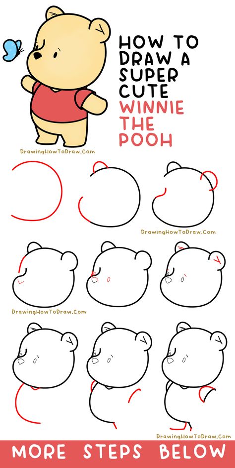 How To Draw Cute Kawaii Chibi Winnie The Pooh With Butterfly Easy Step-by-Step Drawing Tutorial | How to Draw Step by Step Drawing Tutorials Cute Winnie The Pooh Drawings Easy, Winnie The Pooh Drawing Tutorial, Easy Winnie The Pooh Drawing, How To Draw Winnie The Pooh Step By Step, Easy To Draw Cartoon Characters, Winnie Pooh Drawing, How To Draw Winnie The Pooh, Cute Winnie The Pooh Drawings, Drawings Step By Step For Beginners