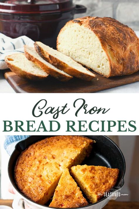 Whether you're baking a skillet of cornbread, a rustic loaf of no-knead Dutch oven bread, or a pan of Appalachian cathead biscuits, cast iron equipment conducts heat evenly and yields baked goods with a beautiful, golden brown crust. This convenient collection includes all of our favorite cast iron bread recipes in one place! Cast Iron Bread Dutch Ovens, Cast Iron Loaf Pan Recipes, Skillet Bread Cast Iron, Cast Iron Skillet Bread Recipes, Cast Iron Bread Recipes, Cathead Biscuits, Easy Honey Butter, Autumn Bread, Sour Cream Cornbread