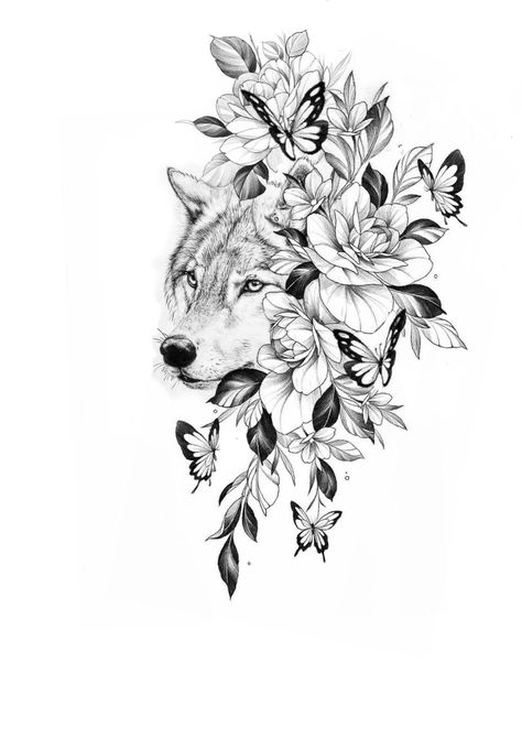 Wolf Floral Tattoo, Wolf Thigh Tattoo For Women, Animal Floral Tattoo, Wolf Flower Tattoo Design, Wolf Hip Tattoo, Wolf And Butterfly Tattoo, Wolf Tattoo With Flowers, Floral Wolf Tattoo, Wolf With Flowers Tattoo