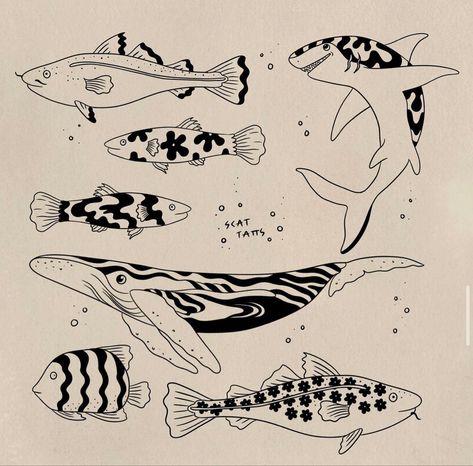 Flower Fish Tattoo, Floral Fish Tattoo, Fish Knee Tattoo, School Of Fish Tattoo, Naive Tattoo, 70s Tattoo Ideas, Fish Doodle, Fish Tattoo Design, Tattoo Mistakes