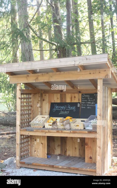 Download this stock image: A stall selling fruit by the side of the road with a trust box for the money, Ganges, Saltspring Island - 2D99YJD from Alamy's library of millions of high resolution stock photos, illustrations and vectors. Money Box For Roadside Stand, Road Side Stand Ideas, Road Side Stand, Farm Market Ideas, Kids Cubby, Flower Garden Layouts, Yard Cart, Roadside Stand, Kids Cubby Houses