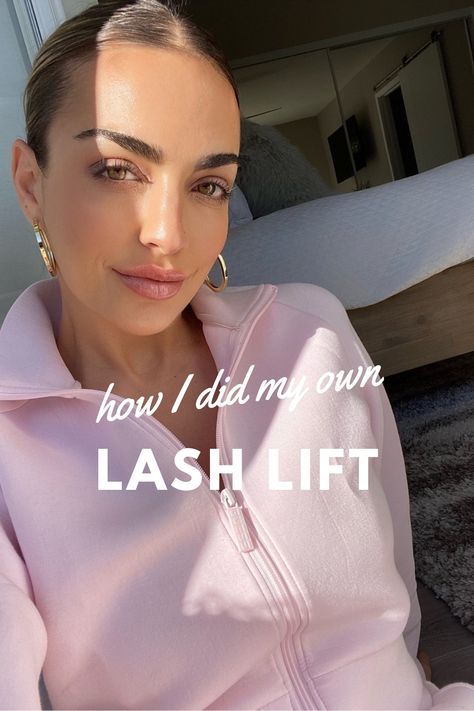 Selfie with slicked back hair, gold hoop earrings, natural makeup, pink zip up jacket. Diy Lash Lift And Tint At Home, Diy Lash Lift, Lash Lift And Tint, Lashes Mascara, Eyelash Lift, Hazel Eyes, Long Lashes, Lash Lift, On My Own