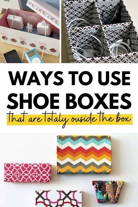 Try these creative ways to reuse shoeboxes! DIY baskets, charging station, organize cords, homemade caddy for parties, and more! #upcycle #shoeboxes #diy #crafts #diydecor #diychargingstation Shoe Box Ideas Diy, Shoe Boxes Storage, Diy With Shoe Boxes, Diy Shoe Box Organizer, Reuse Shoe Boxes, Box Upcycle, Shoe Box Diy Crafts, Diy Garage For Toy Cars, What To Do With Shoe Boxes