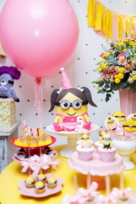 Minions girly party for Esther | CatchMyParty.com Pink Minion Birthday Party, Pink Minion Party, Girl Minion Birthday Party, Minions Birthday Party Decorations, Minion Party Theme, Minions Birthday Theme, Pink Minion, Minions Birthday Party, Despicable Me Party