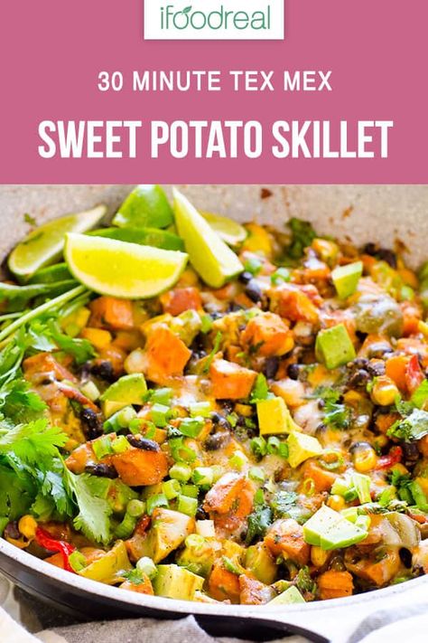 30 Minute Sweet Potato Skillet Recipe is healthy and delicious vegetarian dinner with beans and corn, fresh lime juice and melted cheese on top. To die for! #ifoodreal #cleaneating #healthy #recipe #dinner Dinner With Beans, Sweet Potato Skillet Recipes, Healthy Skillet Meals, Delicious Vegetarian Dinner, Potato Skillet, Beans And Corn, Sweet Potato Skillet, Skillet Potatoes, Healthy Vegetarian Dinner