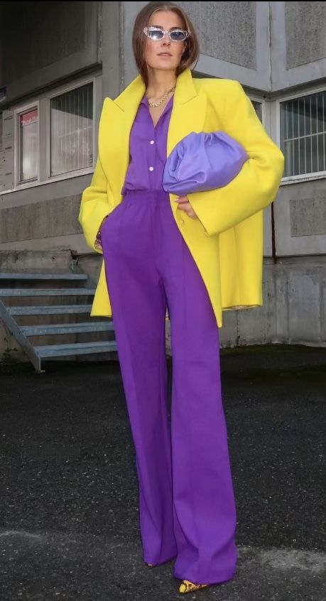 Complementary Colours Outfit, Complementary Colors Outfit, Yellow Purple Outfit, Purple Yellow Outfit, Yellow And Purple Outfit, Purple And Yellow Outfit, Complementary Outfit, Complementary Colors Fashion, Legally Blonde Outfits