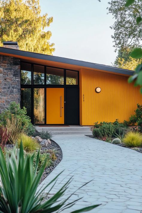 Mid century modern house facade in mustard yellow color with charred accents. Check out all of these vibrant exterior color combinations of these charming mid-century modern houses that make them real masterpieces. Midcentury Modern House Numbers, 1970s Exterior Paint Colors, Midcentury Modern Front Porch Ideas, Midcentury Modern Renovations, Mid Century Porch Light, West Coast Contemporary Exterior, 70s Retro House Exterior, Mid Century Modern Bungalow Exterior, Mid Century Modern Front Porch Decor