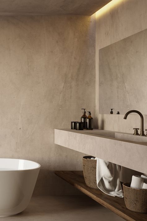 Minimalist Bathroom Ideas, Drømme Bad, Cement Bathroom, Mediterranean Bathroom, Unique Bathroom Vanity, Mediterranean Interior, Concrete Bathroom, Bathroom Design Inspiration, Bathroom Inspiration Decor