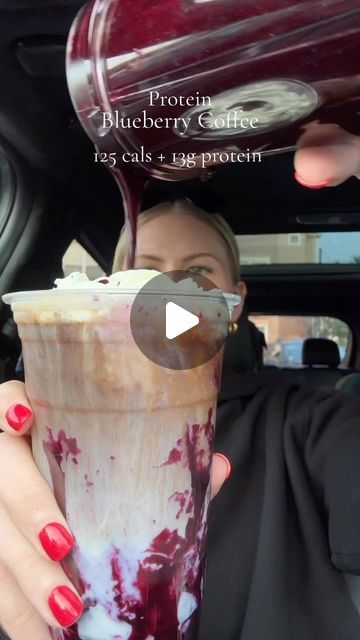 Samantha Milton on Instagram: "The blueberry coffee trend but make it low cal high protein🫐(125 cals + 13g protein) 
Recipe: 
Blueberry Puree Syrup- 9 oz fresh blueberries, 5 pumps sugar free vanilla coffee syrup, 4 Tbsp Swerve granular sugar replacement. Cook over medium/high heat making sure to stir constantly so it doesnt burn. Once its a syrup consistency, add to blender or seperate blueberry skins from the syrup. Refrigerate until cool. 
-1/2 Fair Life Vanilla Protein Shake 
-4 oz Bizzy Cold Brew Coffee 
-1 tbsp Whippe Cream (I used marshmallow whipped cream from Target) 
#blueberry #icedcoffee #coffee #whippedcoffee #coldbrew #lowcal #highprotein #caloriedefecit #weightloss #recipe #menu #hack #drink #pcos #eatwithme #car #trend #viral" Blueberry Iced Coffee, Vanilla Coffee Syrup, Marshmallow Whipped Cream, Low Cal High Protein, Blueberry Puree, Vanilla Syrup For Coffee, Vanilla Protein Shake, Recipe Menu, Vanilla Protein Shakes