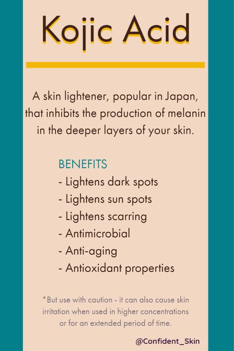 Kojic acid is a fantastic skincare ingredient, derived from a fungus and also a byproduct of the fermentation of certain foods, including soy sauce and sake. Great as an antimicrobial and a lightening ingredient, it can be used by most skin types, though those with very sensitive skin may wish to avoid it. #skincare #skincareroutine #skincaretips #beauty #Confident_Skin #oilyskin #dryskin #combinationskin #sensitiveskin #acneproneskin #antiaging #kojicacid Skin Fungus, Skin Facts, Skin Care Business, Skin Lightener, Skin Advice, Skin Care Routine Order, Skin Aesthetics, Skin And Hair Care, Basic Skin Care Routine