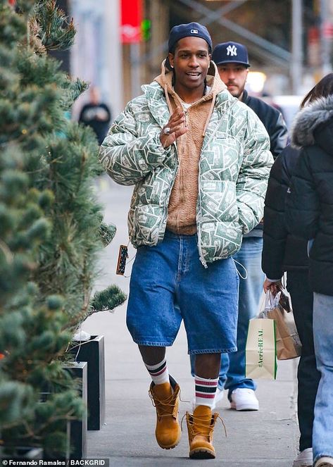 Asap Rocky Timberland Boots, Timberland Boots Streetwear, Lil Yachty Timberland, Brown Timberland Boots Outfit Mens, Timberland Boots Outfit Shorts, Timberland Street Style, Brown Shorts Aesthetic, Asap Rocky Timberland, Wheat Timbs Outfit Men