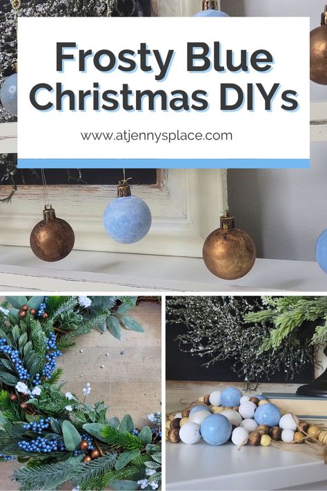 Hanging Christmas ornaments in frosty blue and copper/ blue, white, and copper berry wreath/ white, icy blue, white, and brown wooden bead ornaments. Blue Christmas Wreaths Diy, Blue Christmas Decorations, Blue Winter Wonderland, Blue Wreaths, Christmas Decorations Ideas, Christmas Signs Diy, Blue Christmas Ornaments, Blue Christmas Decor, Ornament Wall