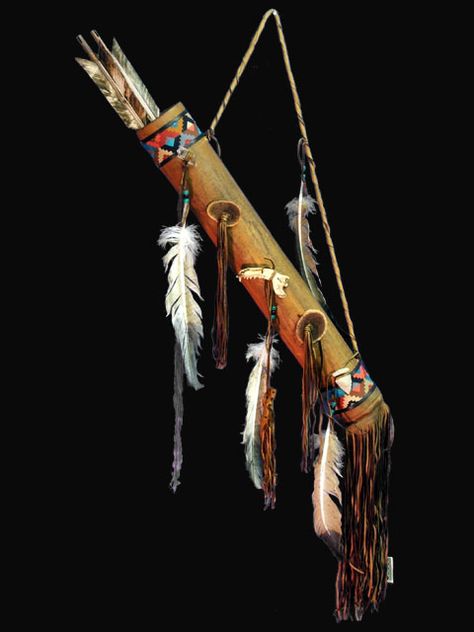 Hand Crafted Deerskin Quiver With Arrows  This handmade leather quiver has two removable bone tipped arrows. There are brown feathers to accent the warm brown leather with a jawbone and southwest fabric accents. Native American Quiver, Indian Artifacts For Sale, Native American Bow, Southwest Fabric, Leather Quiver, Native American Turquoise Jewelry, Peace Pipe, Native American Headdress, Native American Regalia