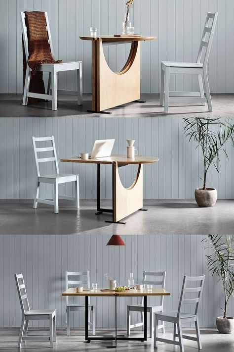 Looking for a versatile table that can adapt to your needs? Look no further than the drop-leaf table. This ingenious design features folding leaves that allow you to configure the table in multiple ways, giving you a dining space, working space, or party space when and where you need it. Plus, the minimalist design means it won't take up unnecessary counter or floor space. So go ahead and "drop" this table into your life - it's sure to make things more functional and convenient! Folding Furniture Table, Multipurpose Dining Table, Detachable Furniture, Transforming Tables Small Spaces, Multifunction Dining Room, Folding Dinner Table, Transforming Table, Folding Table Design, Retractable Table