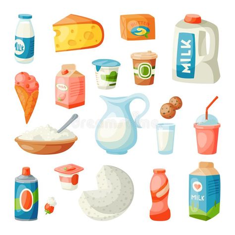 Milk dairy products in flat style breakfast gourmet organic meal fresh diet food milky drink ingredient nutrition vector royalty free illustration Low Carb Spaghetti, Milk Dairy, Preschool Snacks, Summer Meal Planning, Kid Friendly Lunches, Breakfast Choices, Food Props, Breakfast Drink, Slow Cooker Recipes Healthy