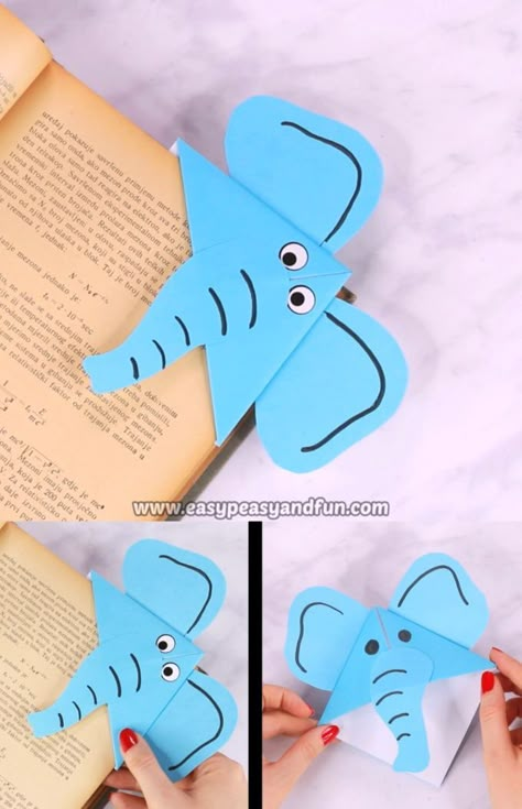 If you want to give your kids a simple origami project to make, that’s also a super useful one – have them make an elephant corner bookmarks. Bookmark Corner, Bookmark Diy, Hadiah Diy, Coasters Diy, Kraf Kertas, Origami Bookmark, Corner Bookmark, Instruções Origami, Seni Dan Kraf