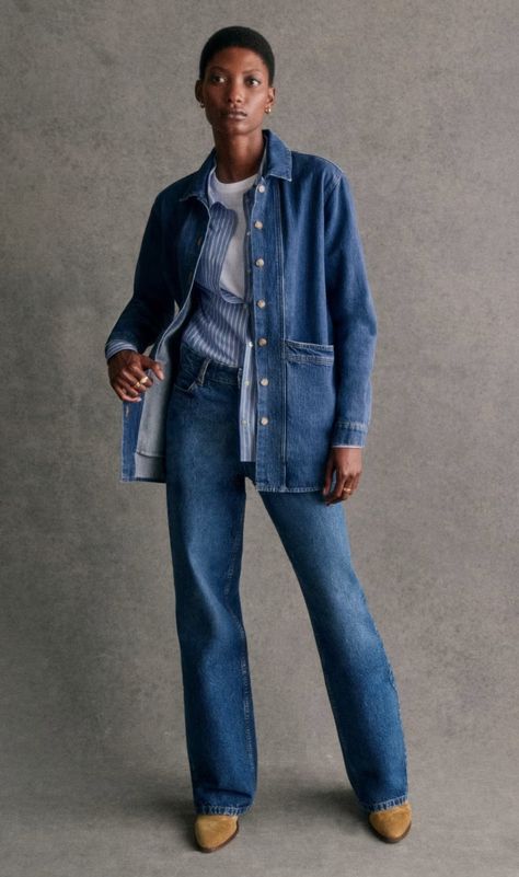 Lookbook | Sézane Tomboy Shirts, Double Denim, Cotton Textile, Oversized Jacket, Parisian Chic, Fall Collections, Parisian Style, Jeans Denim, Blue Denim