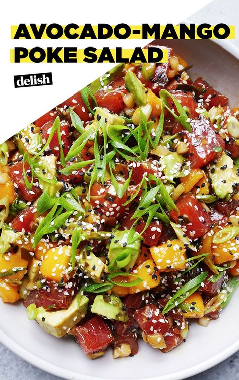 Tuna Mango Poke Bowl, Tuna Mango Avocado Salad, Poke Recipes, Tuna Poke Bowl Recipe, Sashimi Salad, Poke Salad, Poke Recipe, Poke Bowl Recipe, Ahi Poke