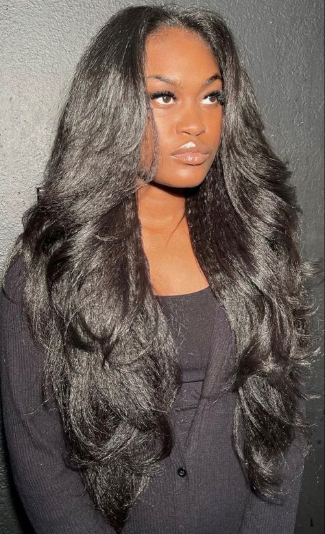 Layered Blowout Hair Black Women, Long Curtain Bangs Black Women, Yaki Weave Sew Ins, Volume Hair Black Women, Yaki Sew In Weave With Leave Out, Face Framing Layers Black Women, Yaki Sew In, Long Layered Hair Black Women, Yaki Extensions