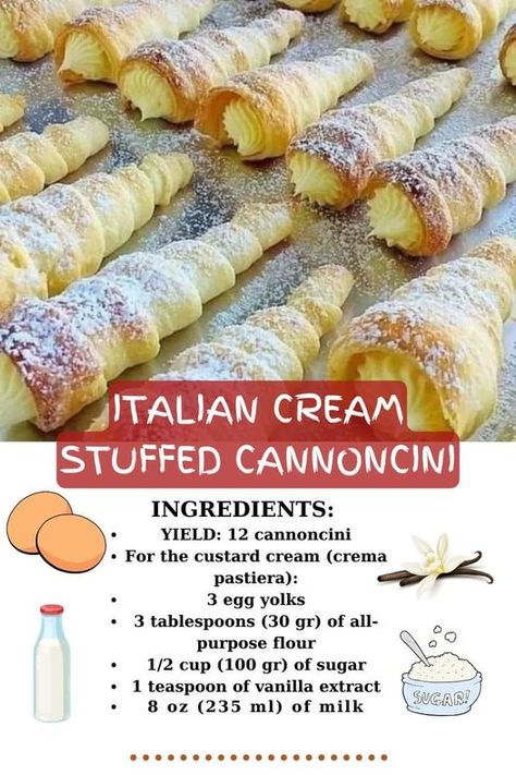 ITALIAN CREAM STUFFED CANNONCINI (PUFF... - Grandma's Recipes Cheese Shrimp Penne Pasta, Italian Cream Stuffed Cannoncini, Cream Stuffed Cannoncini, Puff Pastry Horns, Pastry Horns, Cheese Shrimp, Pasta Spinach, Grandma's Recipes, Cream Horns