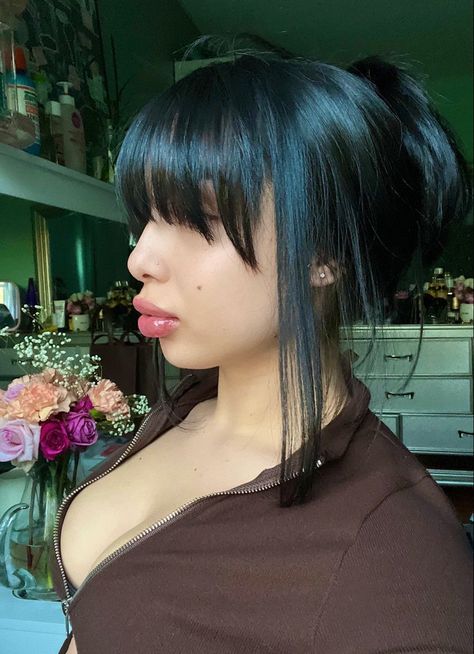 Updos With Straight Bangs, Black Hair Bangs Hairstyles, Black Hair With Bangs Hairstyles, Baddie Bangs Hairstyle, Y2k Updo Hairstyles With Bangs, Bang Hairstyles Updo, Bangs Lace Front Wig, Hairstyles For People With Bangs, Bangs Half Up Half Down