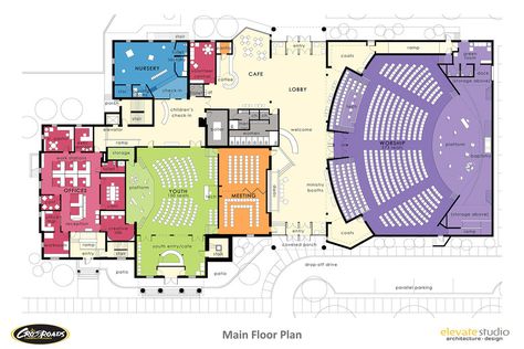 Church Plans Layout, Modern Church Architecture, Church Floor Plans, Church Layout, Lobby Plan, Auditorium Plan, Church Building Plans, Auditorium Architecture, Church Design Architecture