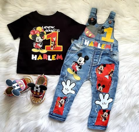 Mickey Mouse Birthday Outfit Boy, Mickey Mouse 1st Birthday Outfit, Custom Dickie Outfits, Mickey Mouse Jeans, Mickey Mouse Birthday Outfit, Custom Baby Items, 1st Party Ideas, Mickey Mouse Overalls, Boy Birthday Outfit