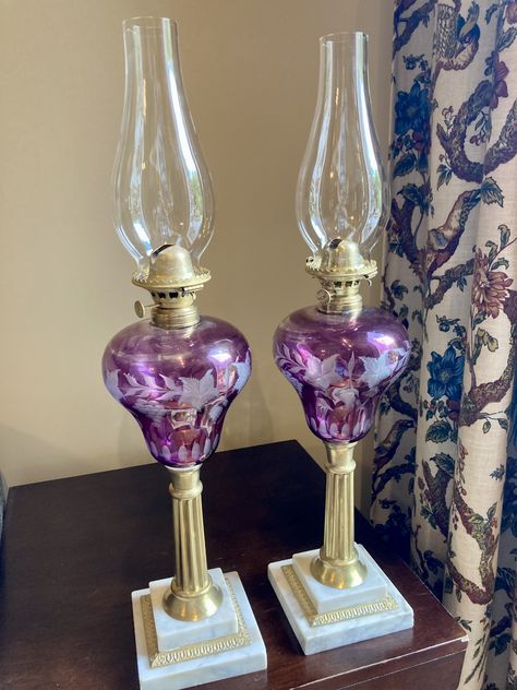 Flashed Amethyst Sandwich Glass Banquet lamps with Miller burners Banquet Lamp, Antique Oil Lamps, Crystal Chandelier Lighting, Silver Water, Old Lamps, Kerosene Lamp, Antique Lamps, Maximalism, Kerosene