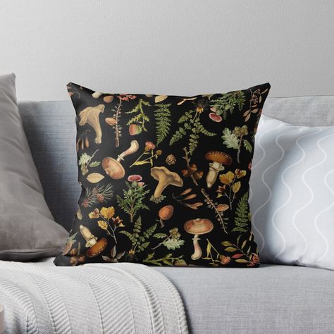 "Vintage Mushroom Woodland Garden" Throw Pillow by UtArt | Redbubble Moody Academia, Wolf Room, Mushroom Stuff, Mushroom Pillow, Cottage In The Forest, Mushrooms Forest, Bedroom Moodboard, Fun Throw Pillows, Fairy Things