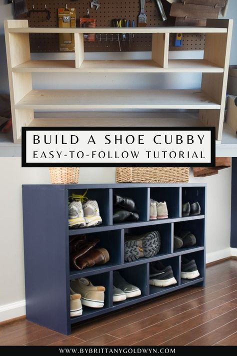 Today I'm sharing how to build a shoe cubby with free plans! A DIY shoe cubby is the perfect way to add functionality and storage to an entryway or space. Closet Shoe Racks, Master Closet Shoe, Table Shoe Rack, Shoe Cubby Bench, Shoe Racks Ideas, Shoe Rack In Closet, Shoes Rack Design, Garage Shoe, Shoe Rack Table