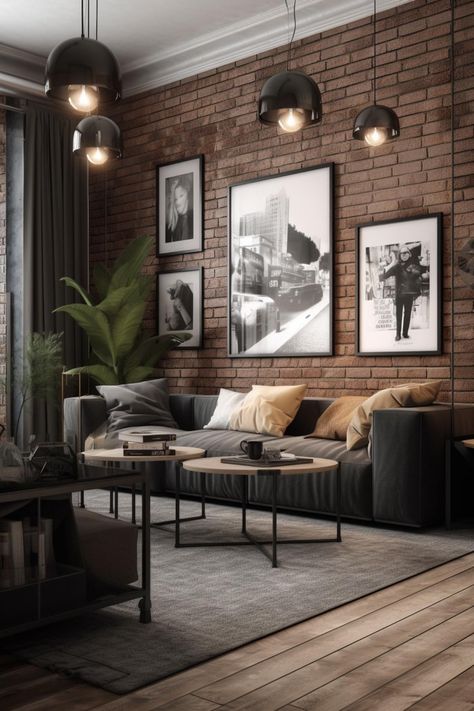 Black Sofa Living Room, Modern Industrial Living Room, Industrial Living Room Design, Masculine Living Rooms, Industrial Style Living Room, Industrial Home Design, Industrial Livingroom, Industrial Interior Design, Brick Walls