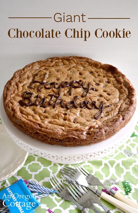 A giant cookie is an easy way to a birthday cake everyone will love. This recipe shows how to make it with chocolate chips and baked in a pan or a cast iron skillet, but you can add other candies too. Our kids loved this fun birthday tradition! #cookie #birthday #chocolatechips Cookie In A Skillet, Birthday Potluck, Easy Cookie Cake, Chocolate Chip Cookie Cake Recipe, Oregon Cottage, Cottage Recipes, Cookie Birthday, Simple Cookie, Toffee Chips