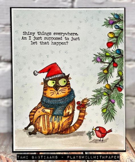 Plays Well With Paper: STAMPtember 2020 - Christmas Snarky Cats Crazy Cats Cards, Cat Christmas Cards, Tim Holtz Stamps, Tim Holtz Cards, Cat Stamp, Handmade Christmas Card, Crazy Bird, Dog Cards, Cat Cards