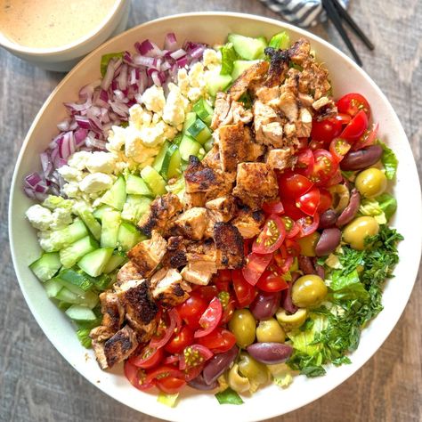 Mediterranean Chopped Salad (with Grilled Chicken) Chicken Mediterranean Salad, Light Suppers, Mediterranean Chopped Salad, Mediterranean Chicken Salad, Mediterranean Sauce, Antipasto Pasta Salads, Salad With Grilled Chicken, Marinated Chicken Thighs, Make Ahead Salads