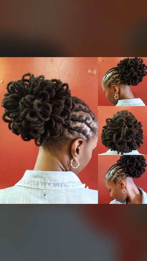 Dread Petals Styles, Loc Pedal Styles, Loc Pedals On Short Locs, Loc Petals Hairstyles, How To Do Loc Petals, Dreadlock Petals Loc Hairstyles, Loc Pedals, Short Dreadlocks Styles, Natural Hair Stylists