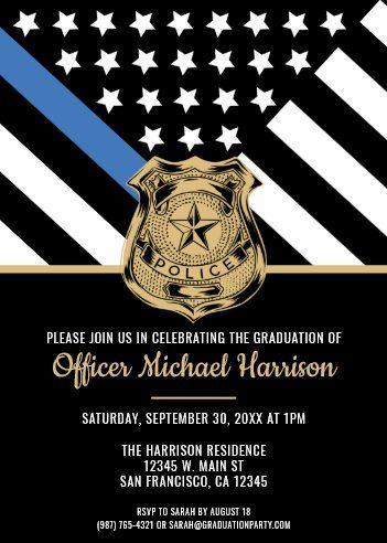 Police Academy Graduation Invitations, Police Graduation Invitations, Police Graduation Party Ideas, Officer Party, Police Invitation, Police Officer Party, Police Academy Graduation Party, Police Theme Party, Graduation Invitation Design