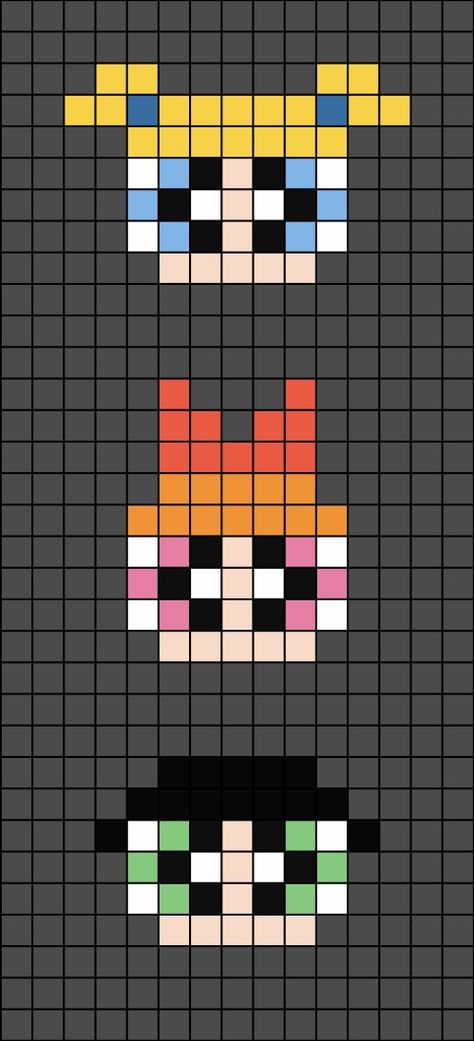 A small pixel art template of the Power-puff Girls' faces.

From the bottom: Buttercup, Blossom and Bubbles. Pixel Art Animals, Graph Paper Drawings, Easy Pixel Art, Pixel Art Templates, Pixel Drawing, Pola Kartu, Pix Art, Pixel Art Grid, Graph Paper Art